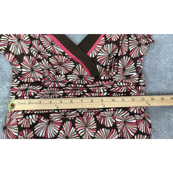 Studio 1 Midi Dress Sz 10 Medium Pink Brown Retro Y2K V Neck Ruched Waist - Picture 7 of 10